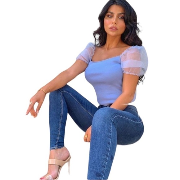 Zara Periwinkle Stretchy Knit Sheer Balloon Sleeve Cropped Square Neck Top S - Picture 4 of 9